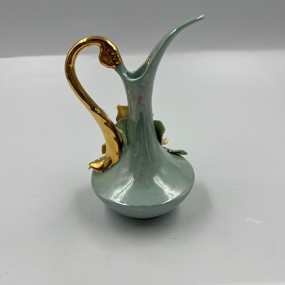 Vintage Capodimonte Lustreware Bud Vase Pitcher Porcelain W Applied Flowers Blue - Picture 2 of 9